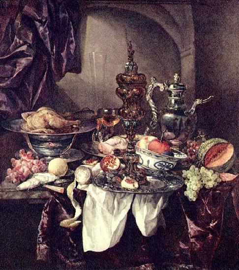 Abraham van Beijeren Still life with fruit, roast, silver- and glassware, porcelain and columbine cup on a dark tablecloth with white serviette. Sweden oil painting art